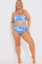 Ruched Front High Waist Tropical Print Bikini Bottom
