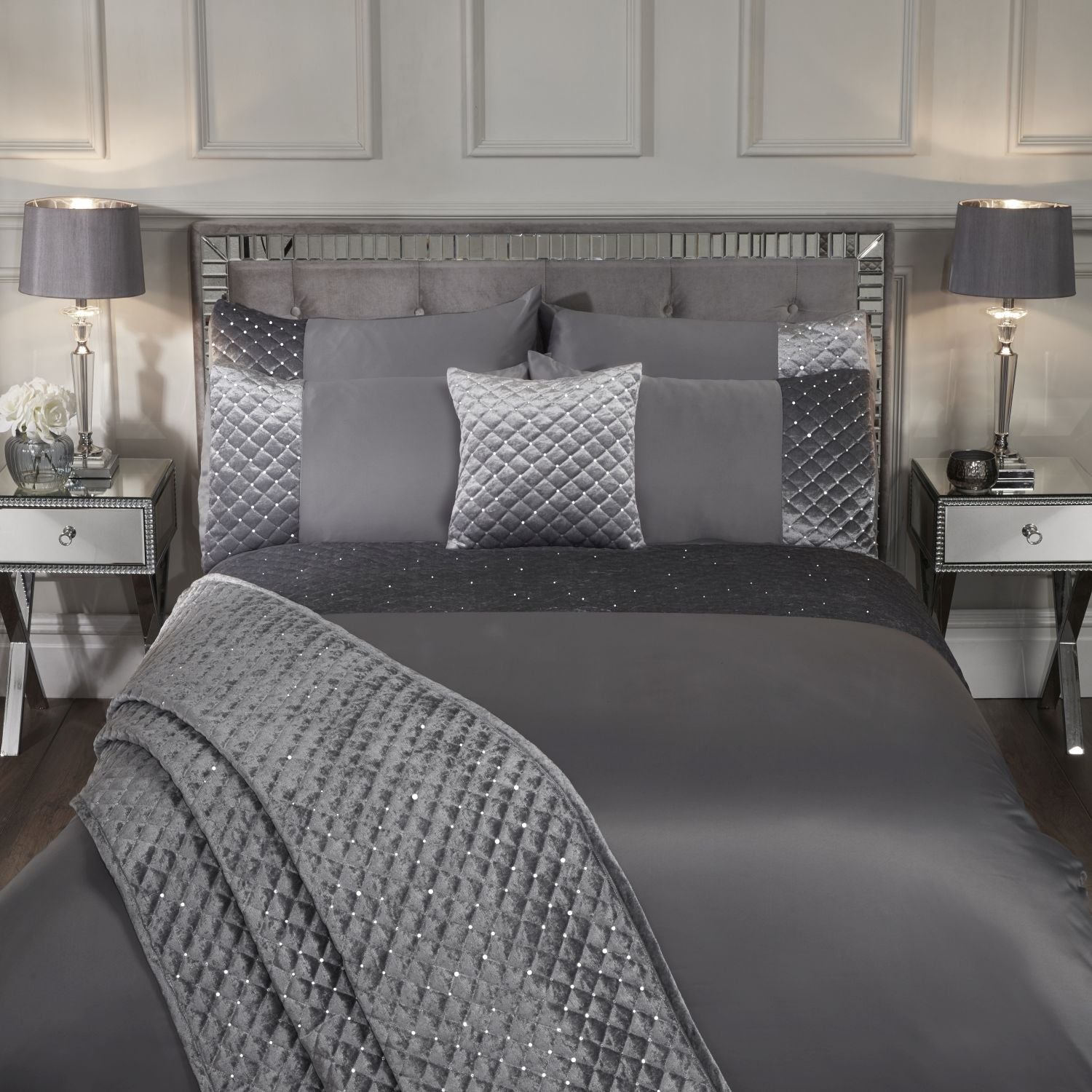 Glamour Silver Quilted Sequin Velvet Duvet Set