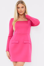 Pink Square Neck Long Sleeve Structured Mini Dress