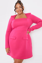 Pink Square Neck Long Sleeve Structured Mini Dress