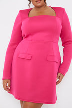 Pink Square Neck Long Sleeve Structured Mini Dress