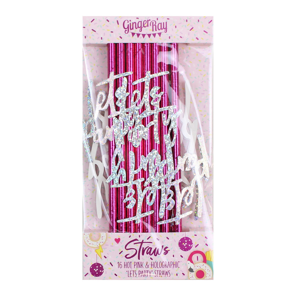 Hot Pink Foiled Lets Party Paper Straws- 10 Inner Pack
