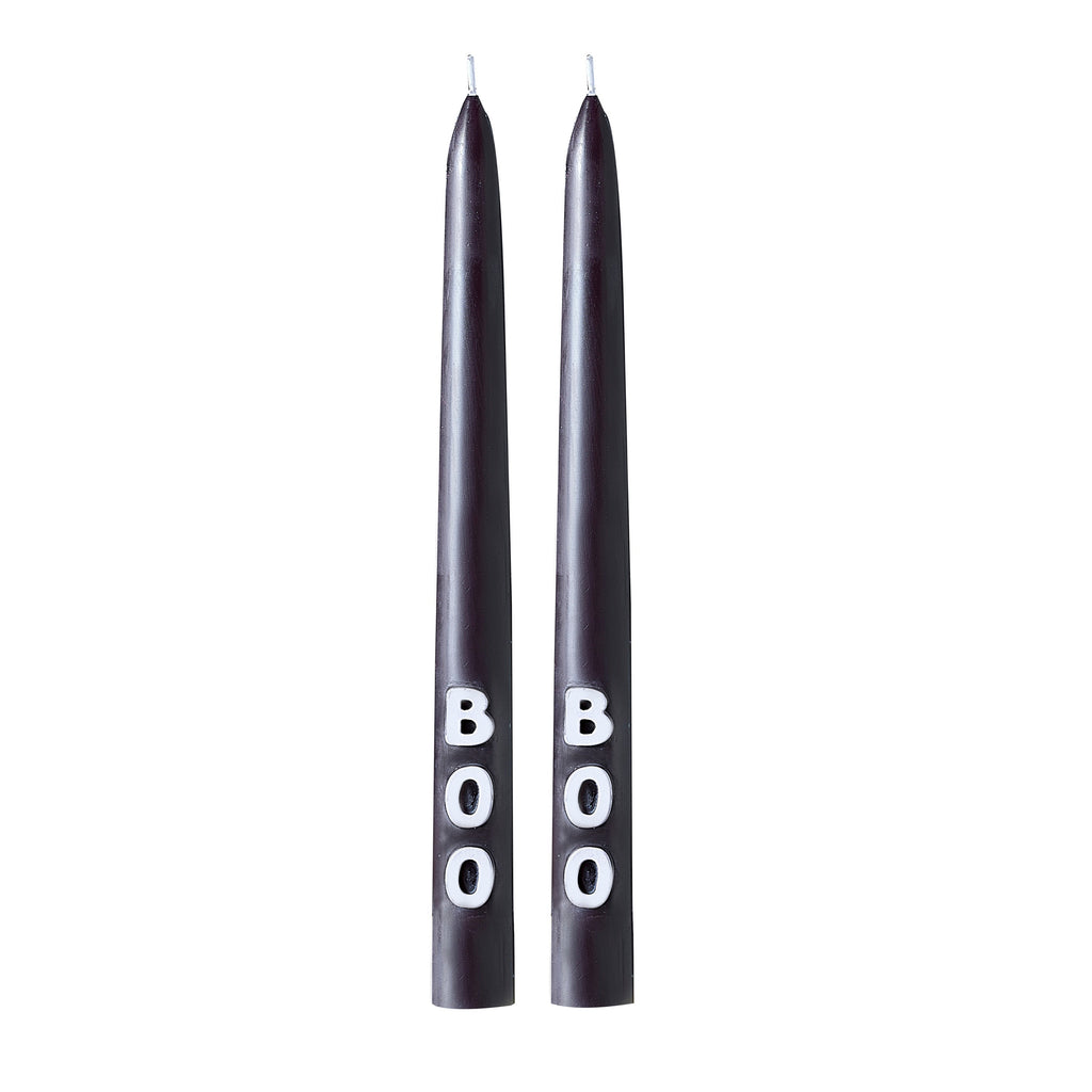 2 Black and White 'Boo' Tapered Dinner Candles