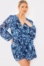 Floral Chiffon Wrap Belted Balloon Sleeve Playsuit