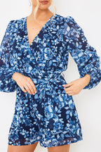 Floral Chiffon Wrap Belted Balloon Sleeve Playsuit
