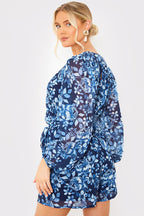Floral Chiffon Wrap Belted Balloon Sleeve Playsuit