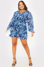 Floral Chiffon Wrap Belted Balloon Sleeve Playsuit
