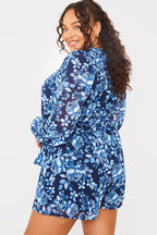 Floral Chiffon Wrap Belted Balloon Sleeve Playsuit