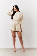 Cream Gold Fleck Detail High Neck Belted Playsuit