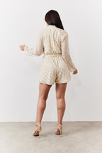 Cream Gold Fleck Detail High Neck Belted Playsuit