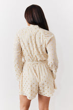 Cream Gold Fleck Detail High Neck Belted Playsuit