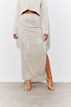 Gold Sequin Slit Detail Midi Skirt