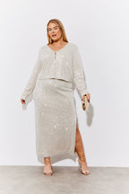 Gold Sequin Slit Detail Midi Skirt