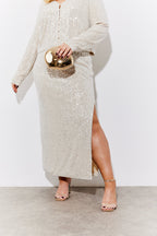 Gold Sequin Slit Detail Midi Skirt