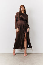 Chocolate Satin Twist Detail Maxi Dress