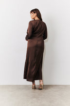Chocolate Satin Twist Detail Maxi Dress