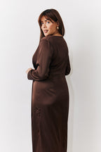 Chocolate Satin Twist Detail Maxi Dress
