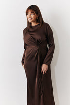 Chocolate Satin Twist Detail Maxi Dress