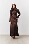 Chocolate Satin Twist Detail Maxi Dress