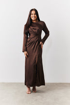 Chocolate Satin Twist Detail Maxi Dress