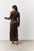 Chocolate Satin Twist Detail Maxi Dress