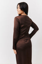 Chocolate Satin Twist Detail Maxi Dress