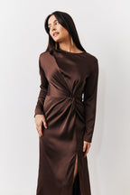 Chocolate Satin Twist Detail Maxi Dress
