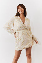 Cream Gold Fleck Detail Belted Mini Dress