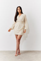 Cream Gold Fleck Detail Belted Mini Dress