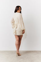 Cream Gold Fleck Detail Belted Mini Dress