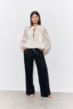 Cream Organza Tie Front Puff Sleeve Top