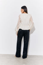 Cream Organza Tie Front Puff Sleeve Top
