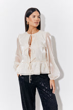 Cream Organza Tie Front Puff Sleeve Top
