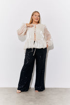Cream Organza Tie Front Puff Sleeve Top