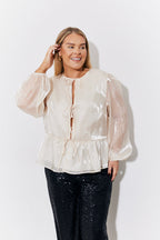 Cream Organza Tie Front Puff Sleeve Top