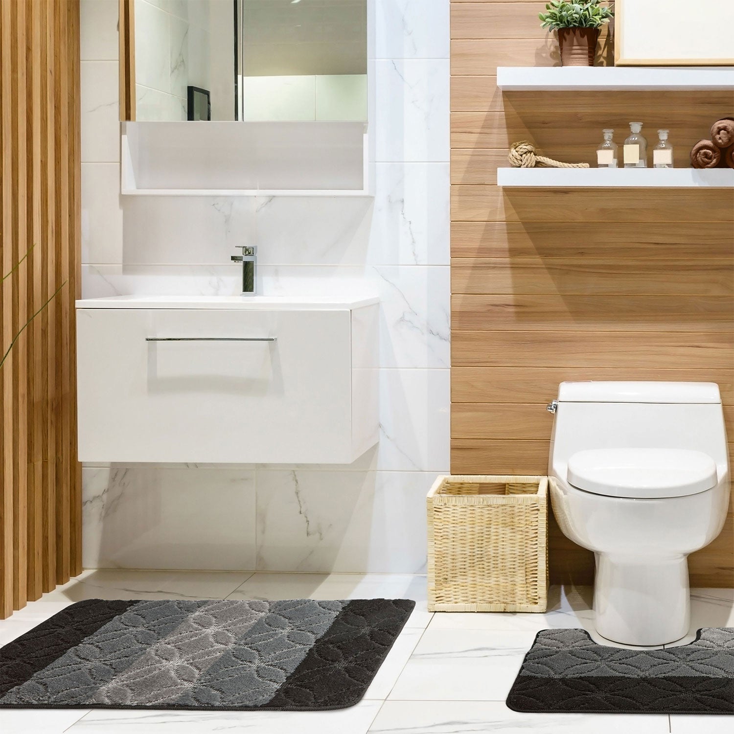 Halo Black Tonal Stripe 2 Piece Bath Mat Set