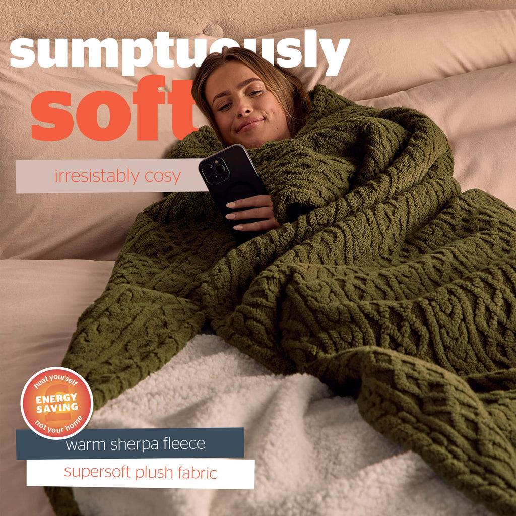 Silentnight Green Cable Knit Heat Genie Self Heating Blanket