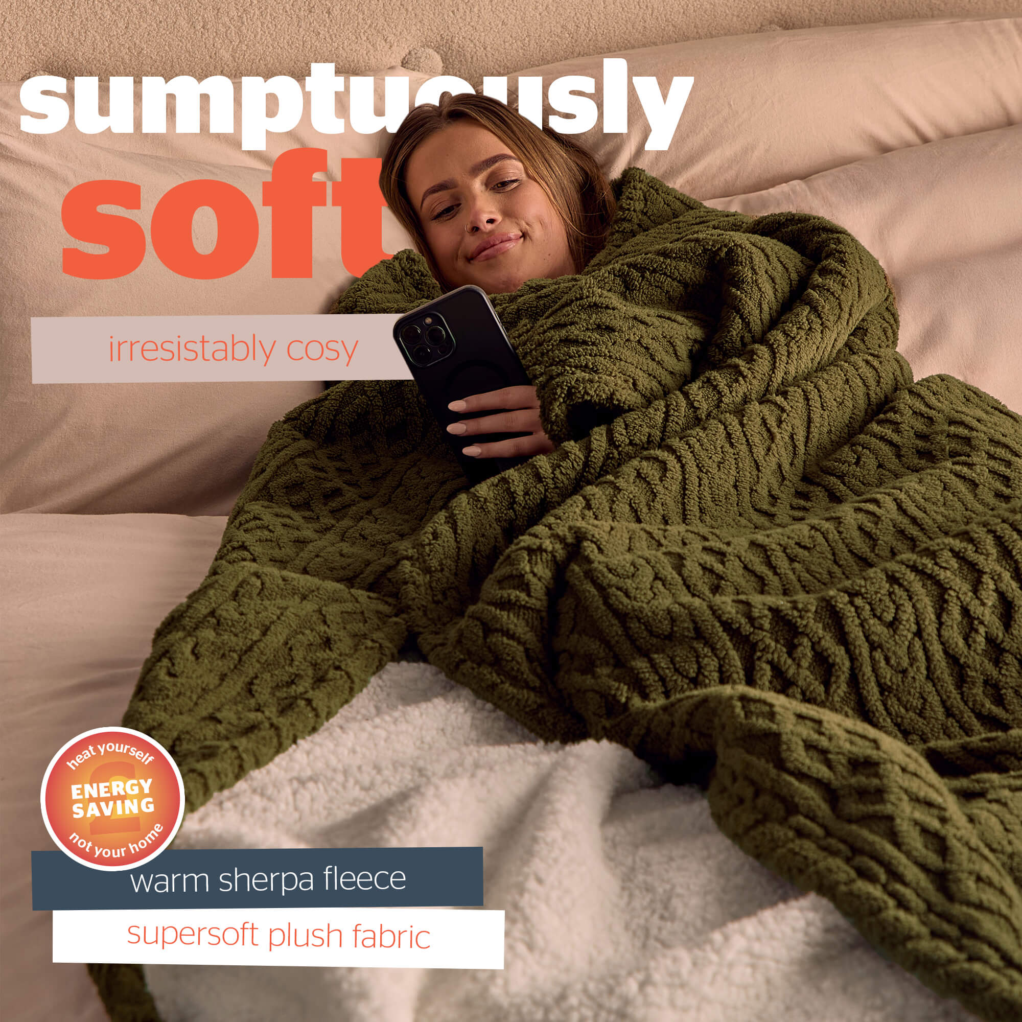 Silentnight Green Cable Knit Heat Genie Self Heating Blanket