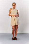 Stone Linen High Neck Sleeveless Smock Mini Dress