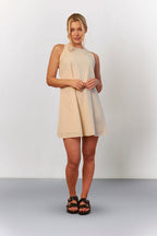 Stone Linen High Neck Sleeveless Smock Mini Dress