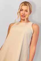 Stone Linen High Neck Sleeveless Smock Mini Dress