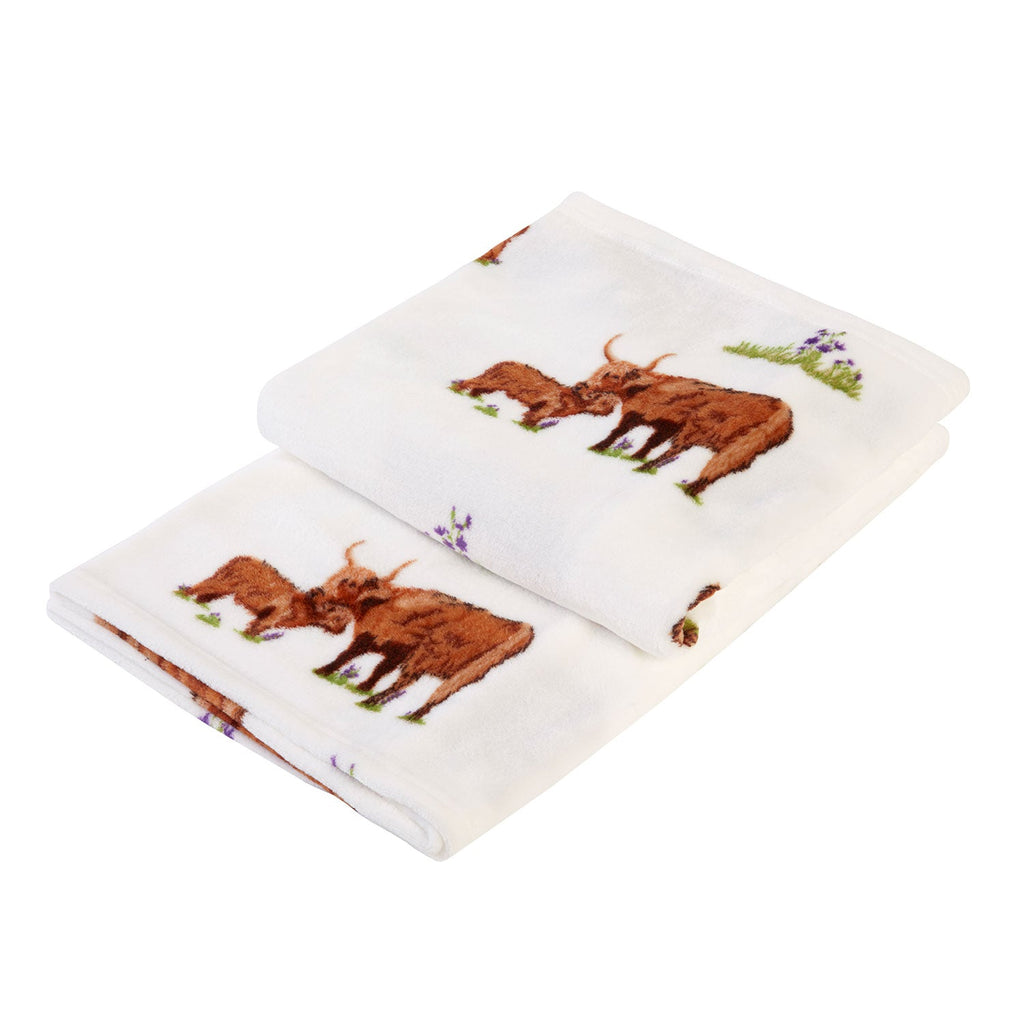 Highland Cow Family Natural Printed Fleece Throw (130cm x 150cm)