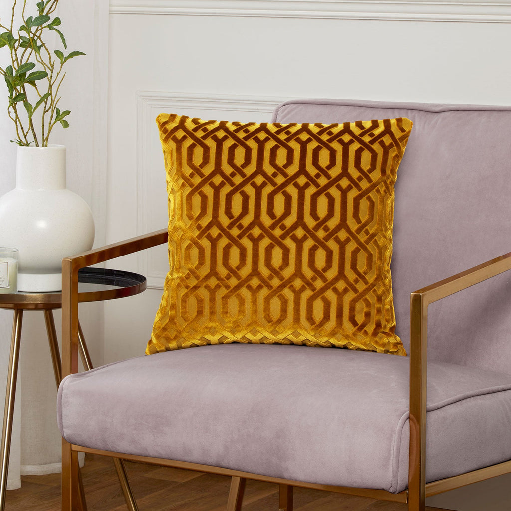 Mayfair Ochre Cut Velvet Cushion (43cm x 43cm)
