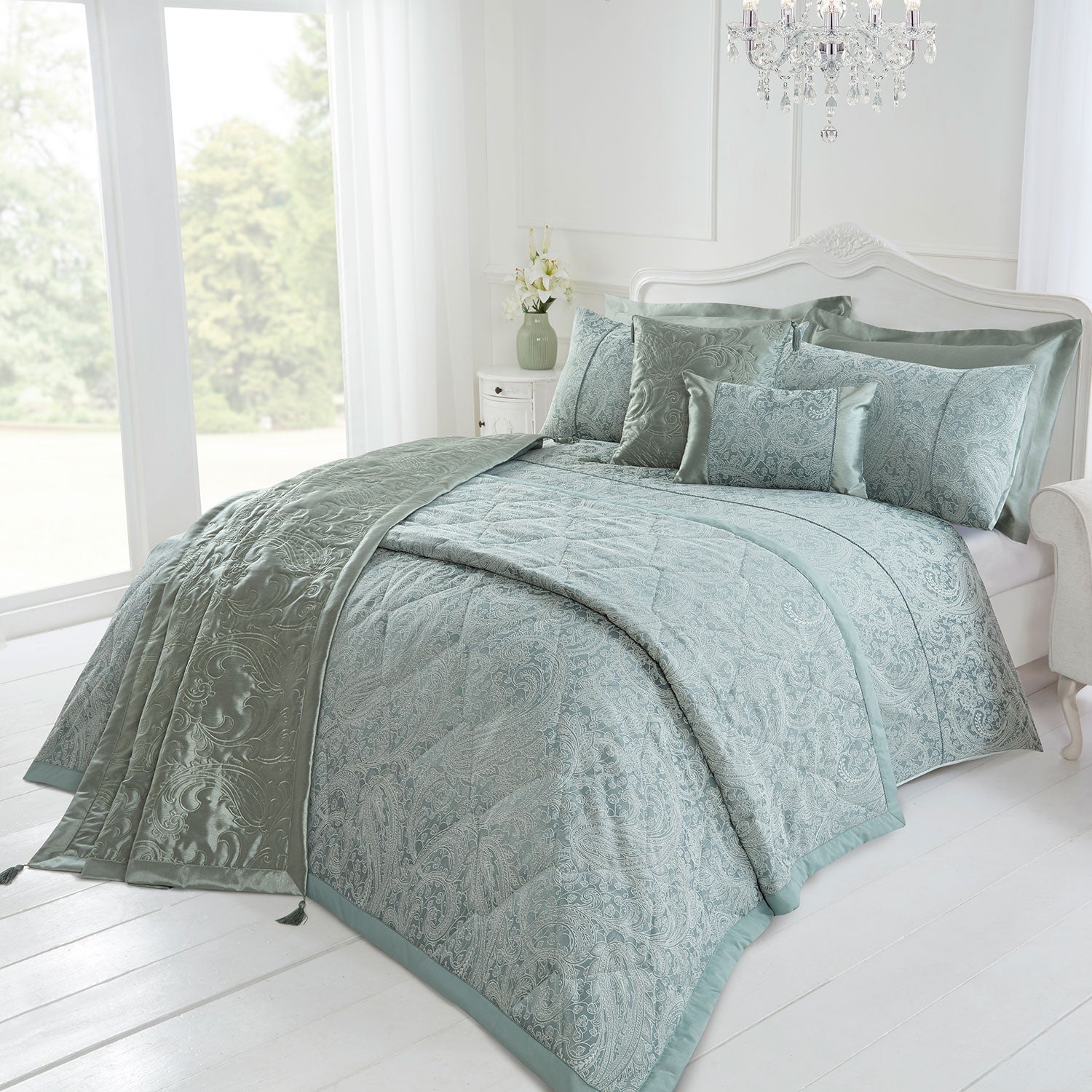 Paisley Soft Green Jacquard Boudoir Cushion (30cm x 50cm)