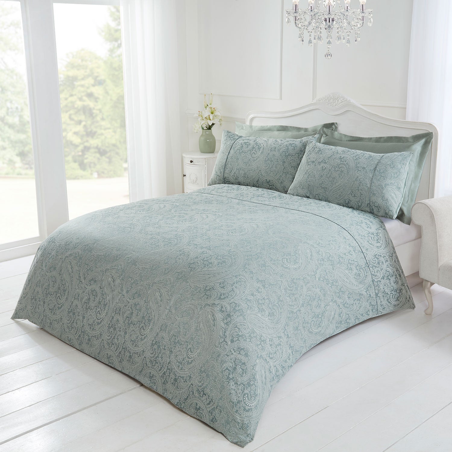 Paisley Soft Green Faux Silk Oxford Pillowcases (Pair)