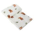 Hattie Highland Cow Natural Printed Fleece Throw (130cm x 150cm)