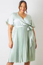 Angel Sleeve Pleated Wrap Midi Dress