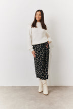 Black Floral Wrap Midi Skirt