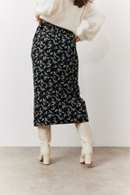 Black Floral Wrap Midi Skirt