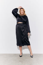 Black Satin Wrap Midi Skirt